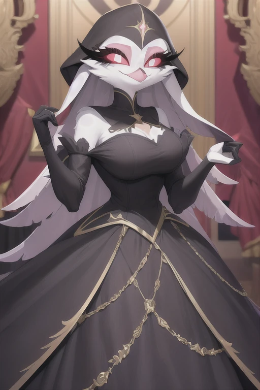 (best quality, masterpiece:1), furry female anthro stella, smile, cape covering whole body, black cape, hoods covered head, closed mouth, smile, wide-eyed, white pupils, (dimly lit fancy formal ball background:1.0), 