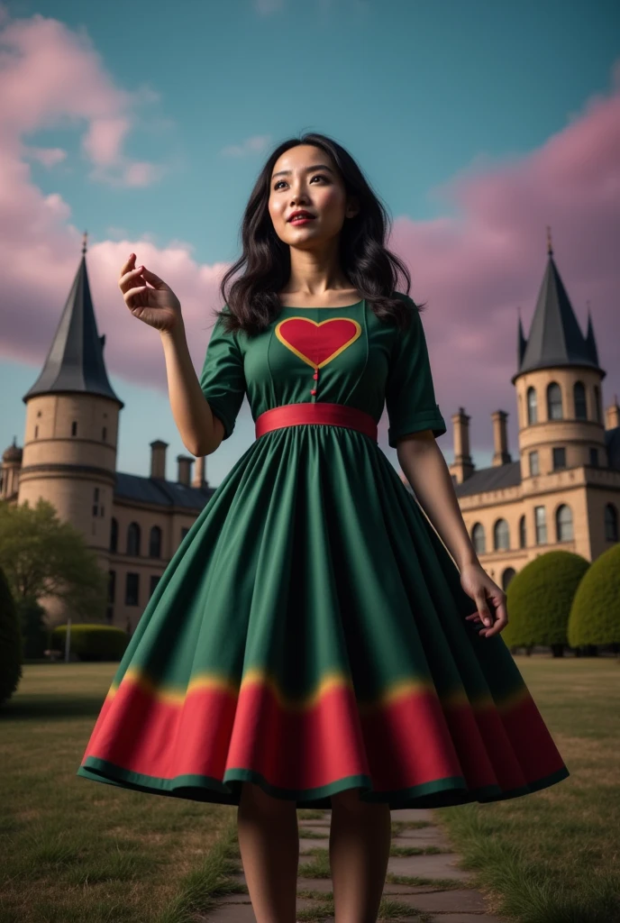 masterpiece photo of a dark-haired full-length woman with green eyes dressed as Hogwarts mage actively says something while gesticulating, a cheerful facial expression, blush, interesting dynamic pose, against the background of college of magic, a rich blue-purple sky with clouds, a lot of vegetation, bright colors, intricate bizarre color combinations