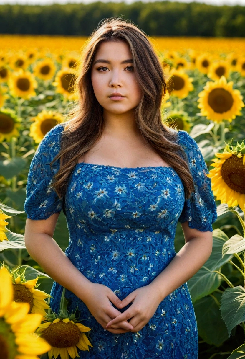 Chubby curvy woman. Big breasts and chubby body. Monolid light brown eyes. long dark brown wavy hair with wispy bangs. Has dark tan skin. Skin tone is a warm brown. Is Asian and Mexican. Chubby round face with rosy cheeks and has dimples. Small gap in between two front teeth. Has colorful sunflower earrings. Wears a yellow crochet cardigan with a white tank top. Has a long white sunflower skirt. Is in a beautiful sunflower field on a sunny day with clouds and a beautiful kingdom nearby. Generate the drawing with a anime style.