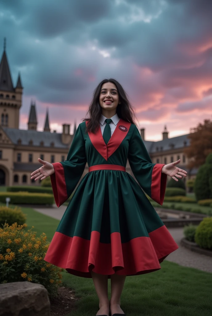 masterpiece photo of a dark-haired full-length woman with green eyes dressed in Hogwarts mage uniform actively says something while gesticulating, a cheerful facial expression, blush, interesting dynamic pose, against the background of college of magic, a rich blue-purple sky with clouds, a lot of vegetation, bright colors, intricate bizarre color combinations