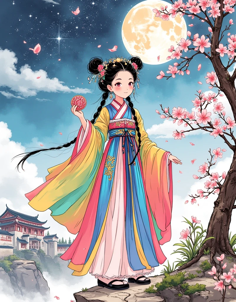 [Vision:1.0]，[Wide Angle:1.0]，(Poster Design:1.9)，Three-dimensional ancient style，Vivid Chinese Aesthetics，Elegant ancient Chinese fairy，Chang&#39;e，Holding moon cake in hand，Moon Rabbit，Starry Sky，Osmanthus tree，A woman in a gorgeous rainbow Hanfu dress stands on a cliff and looks up at the starry sky，Beautiful facial features，(whole body:1.4)，Vibrant colors，Sparkling Clothing，Use flash stone pattern，Translucent crystal shoes，Colorful gradient fluorescent ribbon，Exquisite，Light Wave，Tradition，Exquisite，Perfect composition，Ultra HD，Crescent Earrings，Raise eyebrows，Baoyu Fengzhi，Forehead Gem，(Look directly at the audience:15)，((((Facing the audience))))，((((Phoenix crown and bridal robe))))，(((Ancient Chinese palace looming in the clouds in the distance)))，Space，Galaxy，Heavenly Goddess，Astral，dream，Beautiful celestial spirit，Beautiful fantasy paintings，Beautiful fantasy art，Ethereal fantasy，Very beautiful fantasy art，Digital Art Fantasy，Enchanting and otherworldly，Fantasy Beauty，Volumetric Light，Natural soft light，(Ultra-fine:1.2，Out of Focus:1.2，Bright colors，Movie Lighting，Chiaroscuro，Ray Tracing，Surrealism，UHD，masterpiece，precise，Anatomically correct，Textured Skin，Super Detail，8k),1smgf1