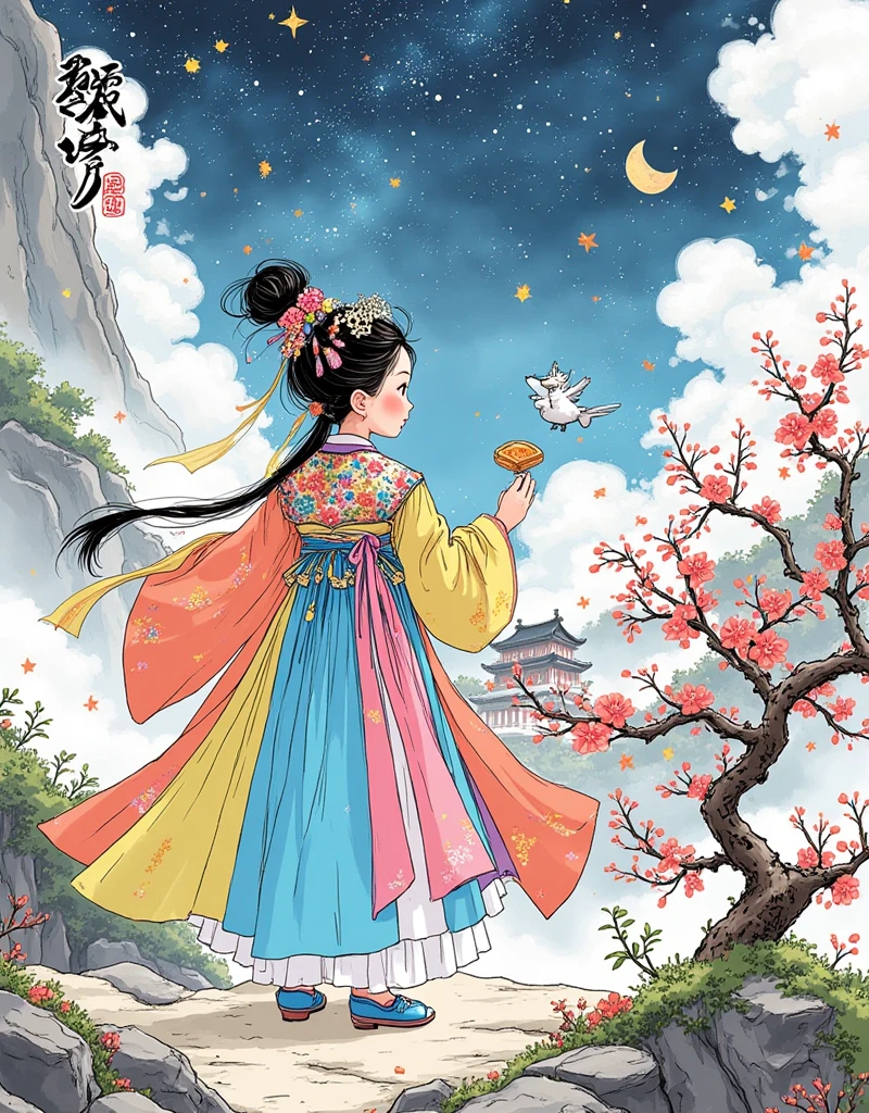 [Vision:1.0]，[Wide Angle:1.0]，(Poster Design:1.9)，Three-dimensional ancient style，Vivid Chinese Aesthetics，Elegant ancient Chinese fairy，Chang&#39;e，Holding moon cake in hand，Moon Rabbit，Starry Sky，Osmanthus tree，A woman in a gorgeous rainbow Hanfu dress stands on a cliff and looks up at the starry sky，Beautiful facial features，(whole body:1.4)，Vibrant colors，Sparkling Clothing，Use flash stone pattern，Translucent crystal shoes，Colorful gradient fluorescent ribbon，Exquisite，Light Wave，Tradition，Exquisite，Perfect composition，Ultra HD，Crescent Earrings，Raise eyebrows，Baoyu Fengzhi，Forehead Gem，(Look directly at the audience:15)，((((Facing the audience))))，((((Phoenix crown and bridal robe))))，(((Ancient Chinese palace looming in the clouds in the distance)))，Space，Galaxy，Heavenly Goddess，Astral，dream，Beautiful celestial spirit，Beautiful fantasy paintings，Beautiful fantasy art，Ethereal fantasy，Very beautiful fantasy art，Digital Art Fantasy，Enchanting and otherworldly，Fantasy Beauty，Volumetric Light，Natural soft light，(Ultra-fine:1.2，Out of Focus:1.2，Bright colors，Movie Lighting，Chiaroscuro，Ray Tracing，Surrealism，UHD，masterpiece，precise，Anatomically correct，Textured Skin，Super Detail，8k),1smgf1