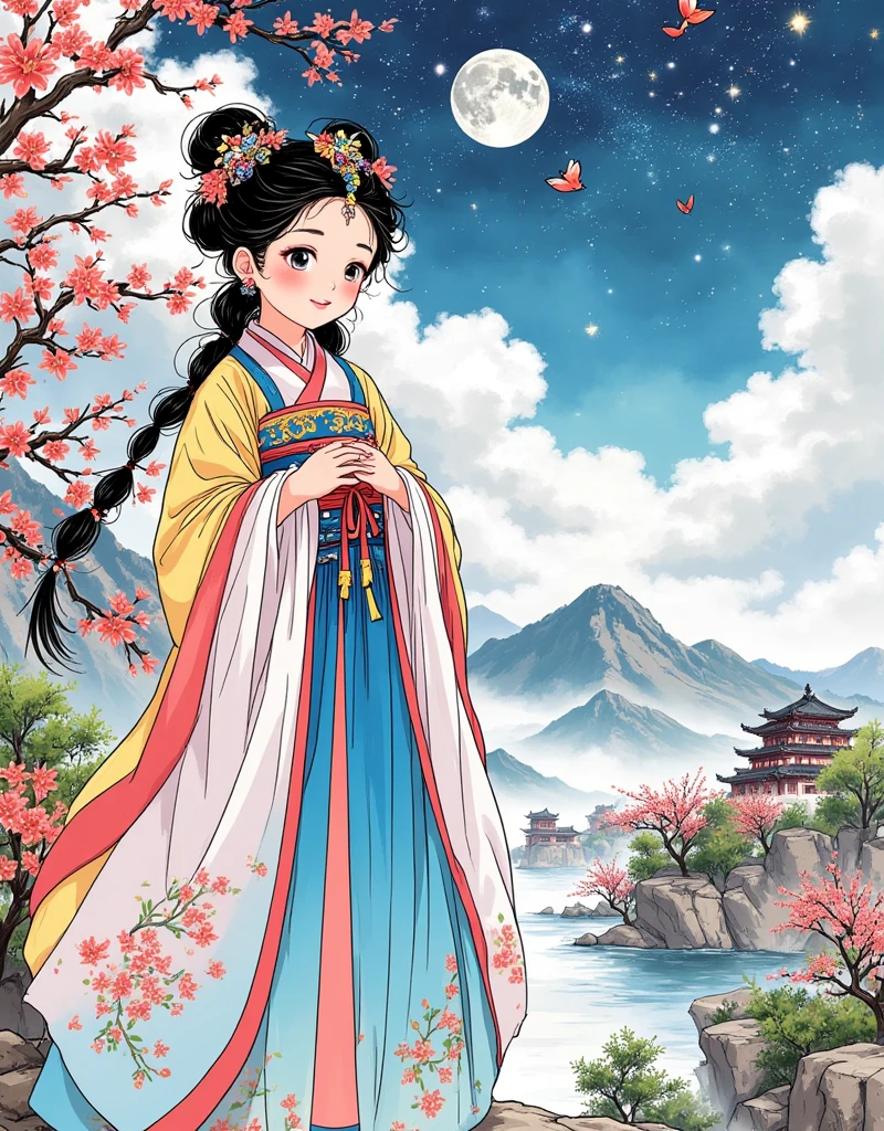 [Vision:1.0]，[Wide Angle:1.0]，(Poster Design:1.9)，Three-dimensional ancient style，Vivid Chinese Aesthetics，Elegant ancient Chinese fairy，Chang&#39;e，Holding moon cake in hand，Moon Rabbit，Starry Sky，Osmanthus tree，A woman in a gorgeous rainbow Hanfu dress stands on a cliff and looks up at the starry sky，Beautiful facial features，(whole body:1.4)，Vibrant colors，Sparkling Clothing，Use flash stone pattern，Translucent crystal shoes，Colorful gradient fluorescent ribbon，Exquisite，Light Wave，Tradition，Exquisite，Perfect composition，Ultra HD，Crescent Earrings，Raise eyebrows，Baoyu Fengzhi，Forehead Gem，(Look directly at the audience:15)，((((Facing the audience))))，((((Phoenix crown and bridal robe))))，(((Ancient Chinese palace looming in the clouds in the distance)))，Space，Galaxy，Heavenly Goddess，Astral，dream，Beautiful celestial spirit，Beautiful fantasy paintings，Beautiful fantasy art，Ethereal fantasy，Very beautiful fantasy art，Digital Art Fantasy，Enchanting and otherworldly，Fantasy Beauty，Volumetric Light，Natural soft light，(Ultra-fine:1.2，Out of Focus:1.2，Bright colors，Movie Lighting，Chiaroscuro，Ray Tracing，Surrealism，UHD，masterpiece，precise，Anatomically correct，Textured Skin，Super Detail，8k),1smgf1