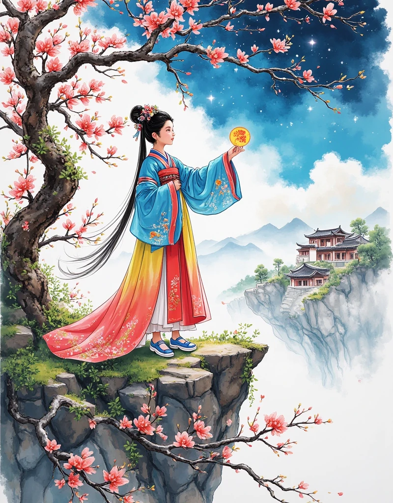 [Vision:1.0]，[Wide Angle:1.0]，(Poster Design:1.9)，Three-dimensional ancient style，Vivid Chinese Aesthetics，Elegant ancient Chinese fairy，Chang&#39;e，Holding moon cake in hand，Moon Rabbit，Starry Sky，Osmanthus tree，A woman in a gorgeous rainbow Hanfu dress stands on a cliff and looks up at the starry sky，Beautiful facial features，(whole body:1.4)，Vibrant colors，Sparkling Clothing，Use flash stone pattern，Translucent crystal shoes，Colorful gradient fluorescent ribbon，Exquisite，Light Wave，Tradition，Exquisite，Perfect composition，Ultra HD，Crescent Earrings，Raise eyebrows，Baoyu Fengzhi，Forehead Gem，(Look directly at the audience:15)，((((Facing the audience))))，((((Phoenix crown and bridal robe))))，(((Ancient Chinese palace looming in the clouds in the distance)))，Space，Galaxy，Heavenly Goddess，Astral，dream，Beautiful celestial spirit，Beautiful fantasy paintings，Beautiful fantasy art，Ethereal fantasy，Very beautiful fantasy art，Digital Art Fantasy，Enchanting and otherworldly，Fantasy Beauty，Volumetric Light，Natural soft light，(Ultra-fine:1.2，Out of Focus:1.2，Bright colors，Movie Lighting，Chiaroscuro，Ray Tracing，Surrealism，UHD，masterpiece，precise，Anatomically correct，Textured Skin，Super Detail，8k),1smgf1