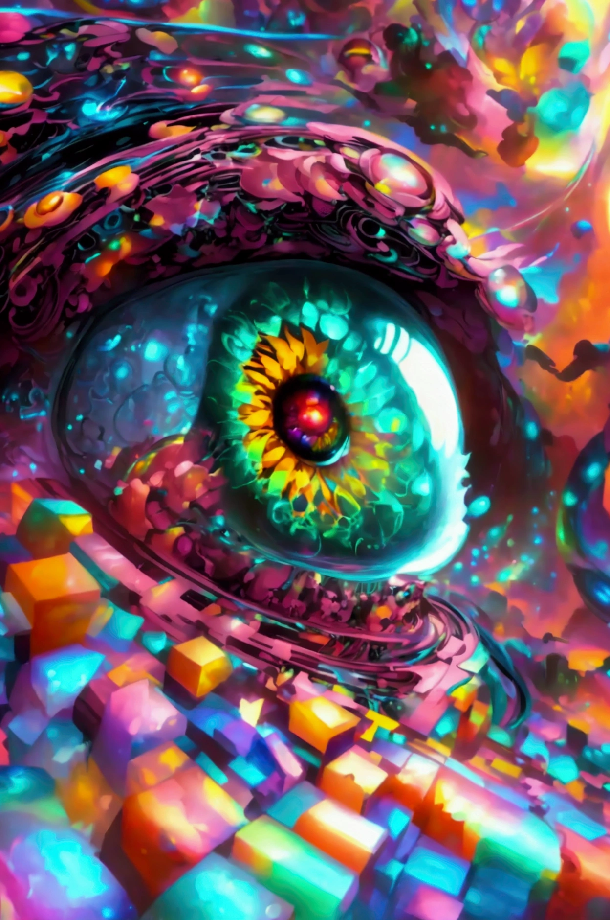 a hyper-detailed, macro eye with a mesmerizing 3D checkered pattern inside the iris, the checkered cubes refracting light into a rainbow iridescent sheen, with a tiny, dark iridescent fairy in delicate, filigree chains, suspended in the center of the checkered pattern, a subtle, ominous demon silhouette looming behind her, elements blending together in a surreal, dreamlike double exposure, with a dash of Ash Thorp's neon cyberpunk aesthetic, the intricate textures of H.R. Giger, and the vibrant, iridescent colors of Simon Stalenhag's sci-fi landscapes.