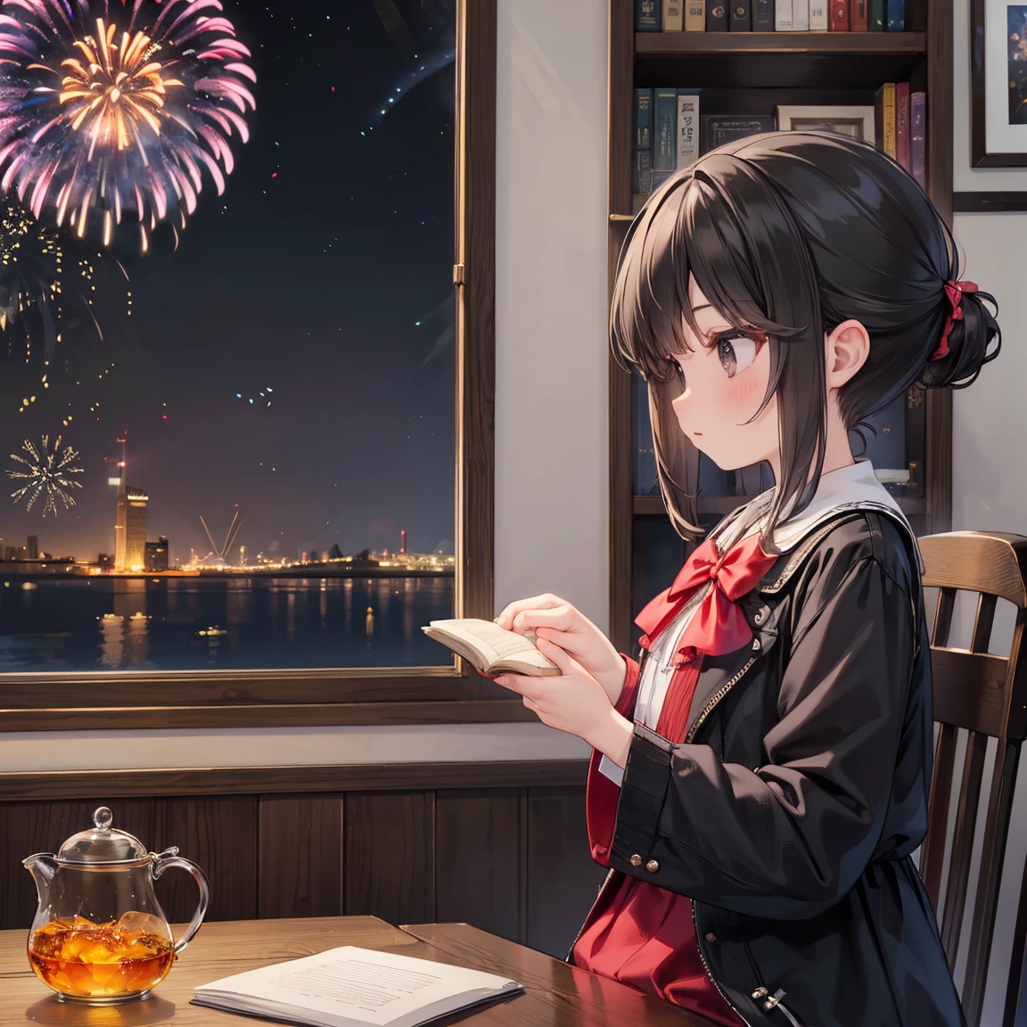 masterpiece, Best Quality, Very detailed, 16k, Ultra-high resolution, Cowboy Shot, Detailed face, Perfect fingers, a , Black Eyes, Black Hair, Wavy Hair, Gorgeous Western-style building, Bookshelf, Table seating, chair, Tea Set, chairに座って本を読む,((Watching the fireworks from the window,profile))