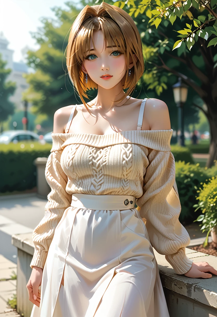 (takamori haruka:1.0), 1 girl, score_9, score_8_up, score_7_up, score_6_up, ((12k,Masterpiece)), Very detailed, clothes reflecting light ,(mature female, motherly, medium breasts:1.0),Outdoor,Park,(She's wearing a glossy, off shoulder sweater )、The dress has a simple design without any patterns, blushing,black long skirt,