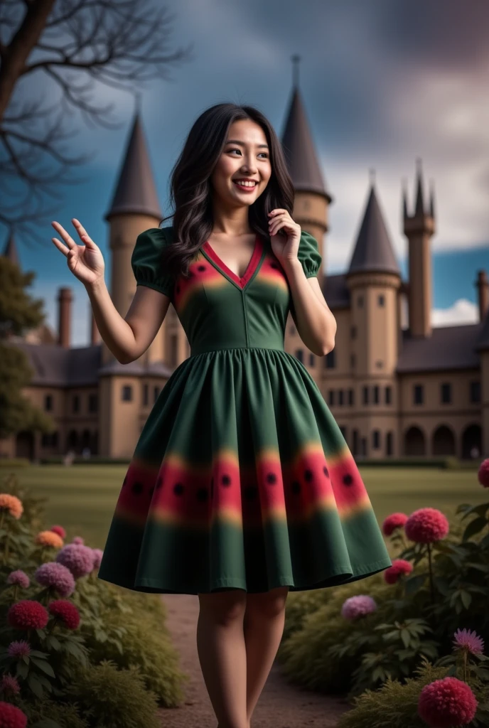 masterpiece photo of a dark-haired full-length woman with green eyes dressed in Hogwarts mage uniform actively says something while gesticulating, a cheerful facial expression, blush, interesting dynamic pose, against the background of college of magic, a rich blue-purple sky with clouds, a lot of vegetation, bright colors, intricate bizarre color combinations