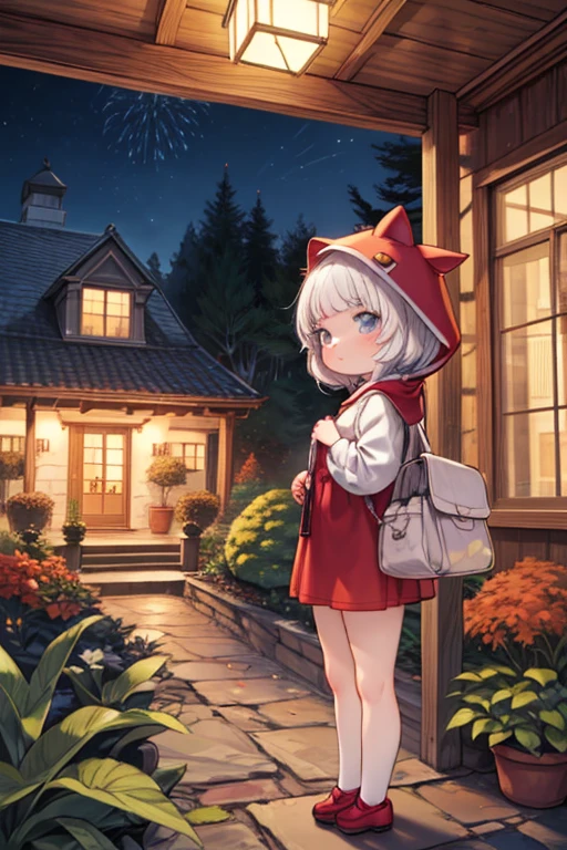 pretty girl，Anime Girls, Small garden with sea view of a house at night，I can see the lighthouse，Little Red Riding Hood in a cat costume、Escape from deep in the forest，firework，High resolution, autumn、Beautiful autumn leaves，，masterpiece，detailed, 32K，