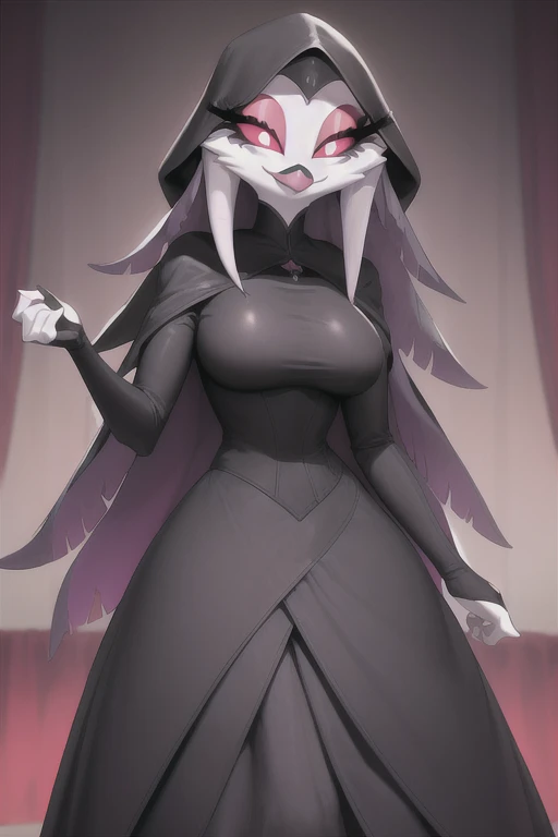 (best quality, masterpiece:1), furry female anthro stella, smile, cape covering whole body, black cape, hoods covered head, closed mouth, smile, wide-eyed, white pupils, (dimly lit fancy formal ball background:1.0), 