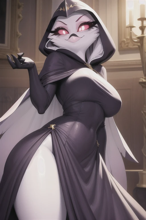 (best quality, masterpiece:1), furry female anthro stella, smile, cape covering whole body, cape, hoods covered head, closed mouth, smile, wide-eyed, white pupils, (dimly lit fancy formal ball background:1.0), 