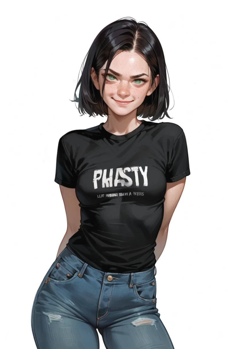 Cartoon of a girl, sexy, slutty, seductive, closed mouth, smirk, black hair, green eyes, freckles, perfect face, jeans, black tshirt, small breast, hands behind back, white background
