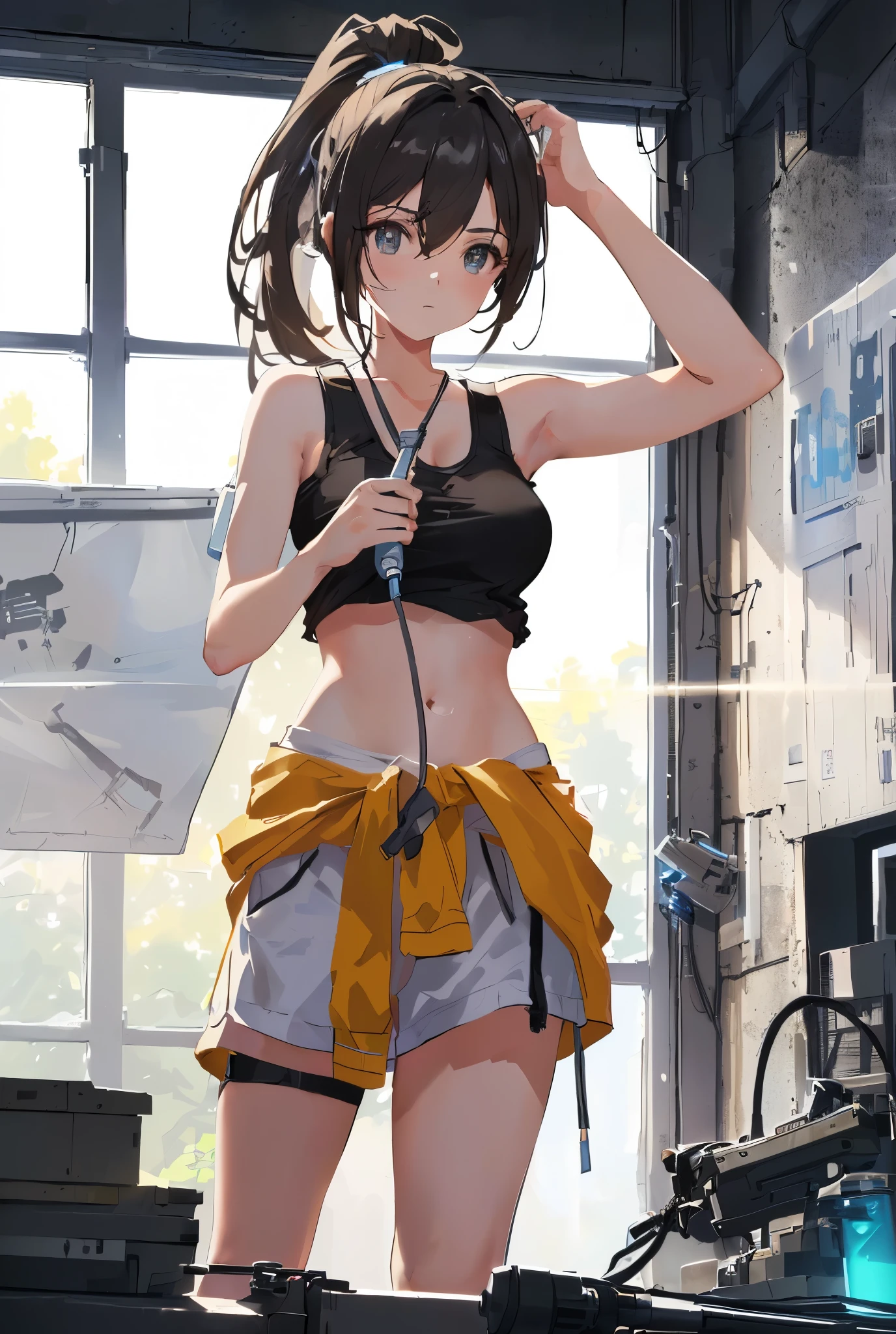 chell, ponytail, tank top, clothes around waist, cleaning a portal gun at a workbench, bright morning sunlight shining through window (zrpgstyle) (masterpiece:1.2) (illustration:1.2) (best quality:1.2) (detailed) (intricate) (8k) (HDR) (cinematic lighting) (sharp focus)