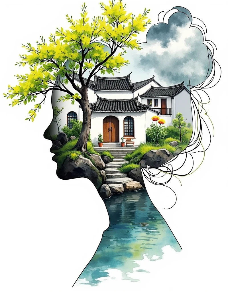 New Chinese，水墨Blooming，The outline of the woman&#39;s head is integrated with the Chinese-style buildings in the landscape，Double Exposure，Reflection、Themes of inner peace and the interconnectedness of people and nature，Green，Soft tones，Ink Painting，Blooming，Minimalism