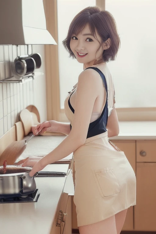 (Gacky:0.9){{Far Wide Shot}}, Quality, Ultra Realistic, (Real: 1.3), Photorealistic Photography, Sharp Focus, Hyper Detail, Detail, Background, Attractive, Beautiful and Detailed Eyes, (Detailed Skin),Medium,, Full Body, Beautiful Woman Cooking in Naked Apron,Underwear,Ass Visible,Front,25 Years Old,