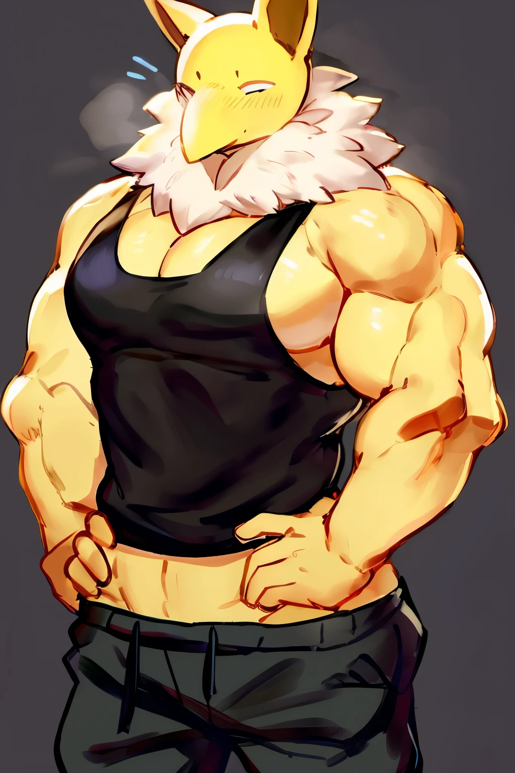 Furry, Anthro, solo, Hypno, Male, (((muscular body, massive male pectorals, yellow skin, fluffy neck, wearing white fur around neck))), ((((wearing black tanktop, black sweatpants, massive biceps, wide-eyed, head tilted, hands on hips)))), ((((((massive bulky torso)))))), naked, upper body, black/yellow spraypainted background, by buta99, by zackary911, by bebebebebe, (((digital painting)))