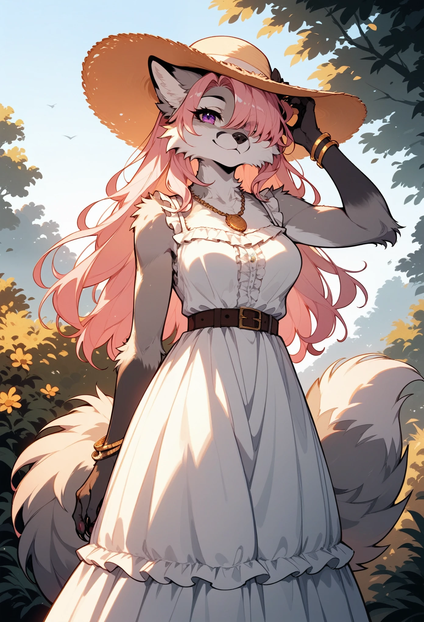 (score_9, score_8_up, score_7_up), rating_safe, (furry), cowboy shot, (furry female fox), mature female, (silver fur:1.1), (body fur), light-pink hair with golden highlights, (long straight hair), (gradient purple eyes), hair over one eye, light smile, paws, claws, medium breasts, wide hips, sun hat, sundress dress, frilled dress, sleeveless dress, necklace, belt, bracelet, hand on own head, outdoors