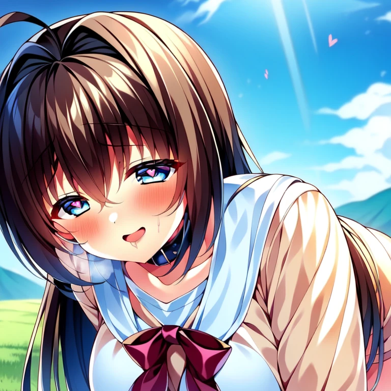 (hyper extreme detailed), (masterpiece), (hyper extreme), (photorealistic), CG, (colour:1.2), solo, cowboy shot, looking at view, 1girl, Asakura Otome, otome, blue eyes, shiny eyes, brown hair, shiny hair, bow, pink bow, long hair, ahoge, (open mouth:1.3), (collar:1.3), (large breasts:1.1), schoolgirl uniform, (crawl on all fours:1.3), (lie face down:1.1), (grin, blue sky, trail, hillside, countryside, clouds:1.3), nsfw, fallen corruption, (heart-shaped pupils:1.2), (tongue out:1.2), (vulgarity:1.3), (fucked silly:1.3), (steam:0.7), (wet:0.7), (trembling:1.2), (trembling effect:1.3), (drooling:1.1), sweat