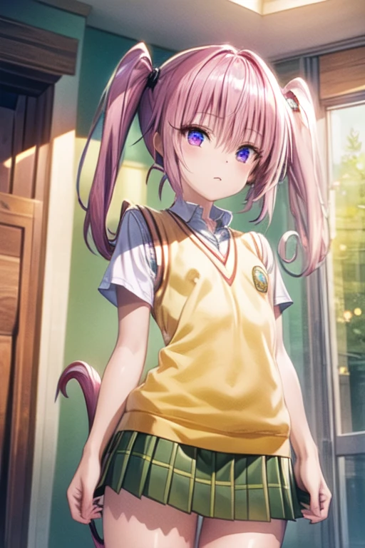 Nana Asta Deviluke,girl、一人のgirl、tooth, Long Hair, Pink Eyes, Pink Hair, Tail, 、twintails, Flat Chest, White shirt, Sweater vest, (Yellow vest:1.1), Short sleeve, Checkered skirt, Green Skirt, Short sleeve,Best Quality,