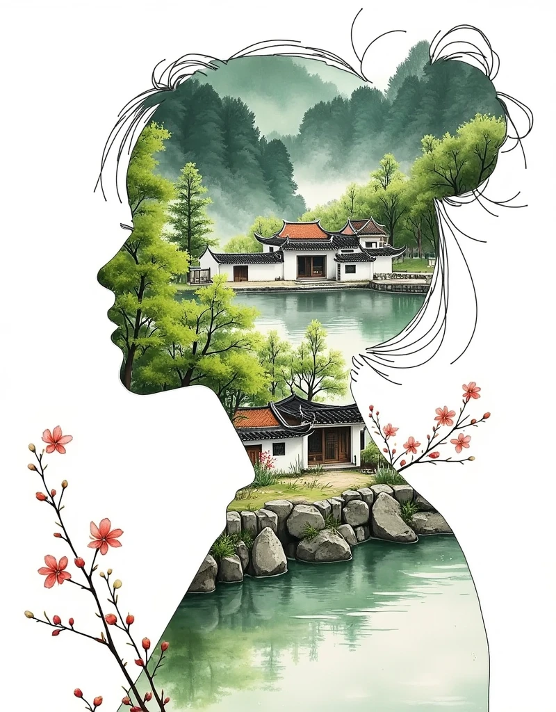 New Chinese，水墨Blooming，The outline of the woman&#39;s head is integrated with the Chinese-style buildings in the landscape，Double Exposure，Reflection、Themes of inner peace and the interconnectedness of people and nature，Green，Soft tones，Ink Painting，Blooming，Minimalism