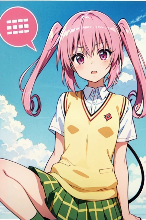 Nana Asta Deviluke,girl、一人のgirl、tooth, Long Hair, Pink Eyes, Pink Hair, Tail, 、twintails, Flat Chest, White shirt, Sweater vest, (Yellow vest:1.1), Short sleeve, Checkered skirt, Green Skirt, Short sleeve,Best Quality,