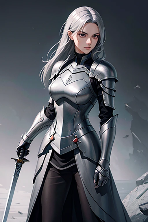 female, dark gray hair, gray eye, medium-length hair, 170cm, tough, reticent, knight, pull armor, with one's hand on the sword stuck in the ground, dashing, slender, a woman of virtue