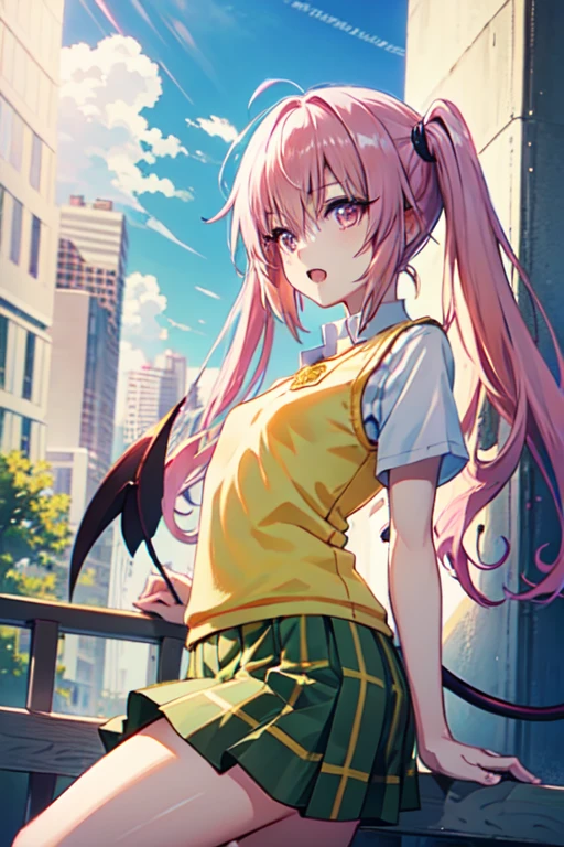 Nana Asta Deviluke,girl、一人のgirl、tooth, Long Hair, Pink Eyes, Pink Hair, Tail, 、twintails, Flat Chest, White shirt, Sweater vest, (Yellow vest:1.1), Short sleeve, Checkered skirt, Green Skirt, Short sleeve,Best Quality,