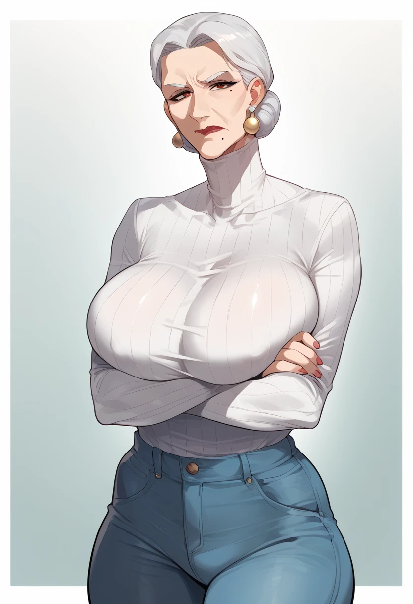 Hyper realistic, grandmother, gilf, mature female, perfect face, perfect lighting,, sexy female, closed mouth, beauty mark, thicc، cleavage, huge breasts, High neck long sleeve white ribbed knit T-shirt(loose)、Denim pants、胸の下で腕を組む、crossed arms under breasts