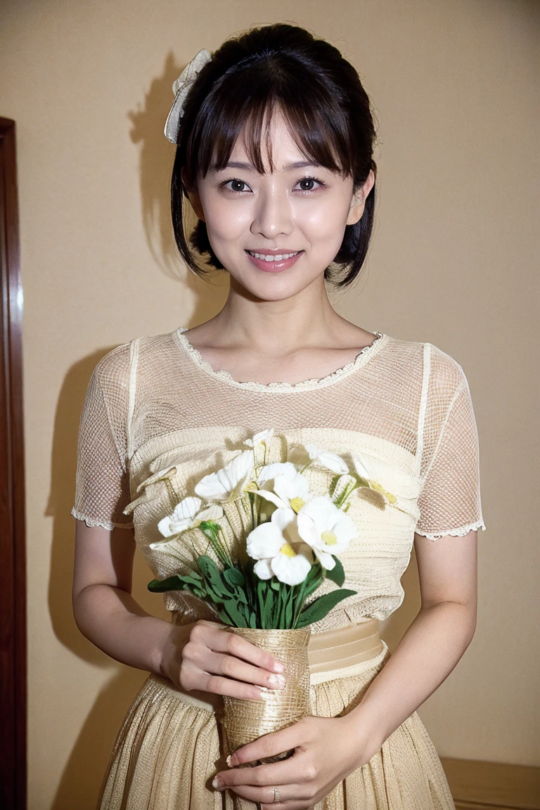 Medium Size Display, Medium Shot, Written boundary depth, bust, Upper Body, Movie angle, masterpiece, Highest quality, Very detailed, CG, 8k wallpaper, Beautiful Face, Delicate eyes, Otome, alone, smile, bangs, Red dress, Bouquet of lilies
