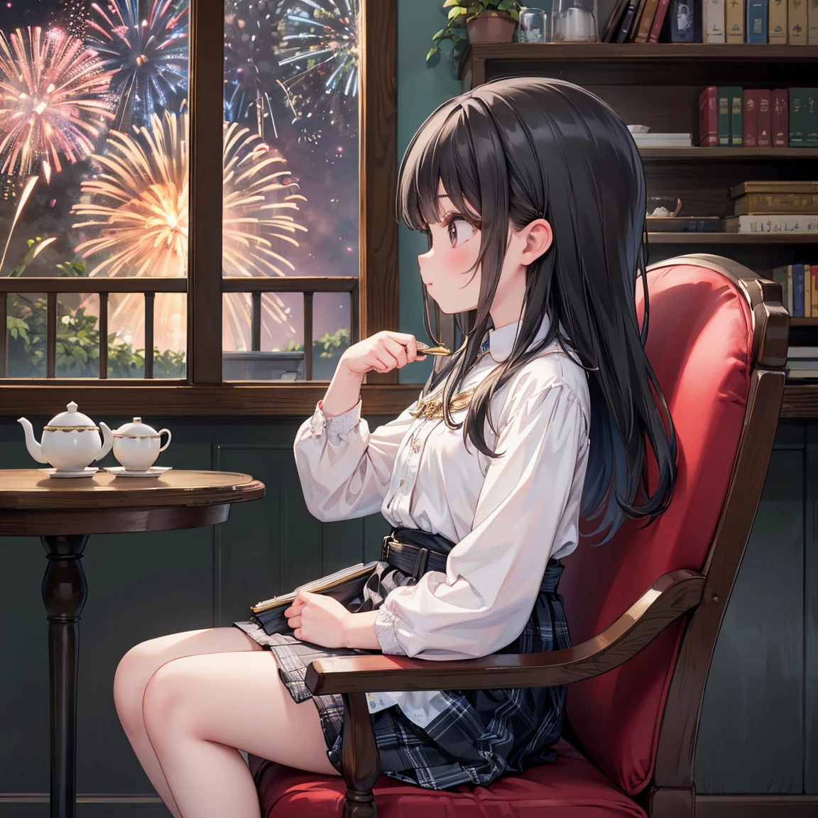 masterpiece, Best Quality, Very detailed, 16k, Ultra-high resolution, Cowboy Shot, Detailed face, Perfect fingers, a , Black Eyes, Black Hair, Wavy Hair, Gorgeous Western-style building, Bookshelf, Table seating, chair, Tea Set, chairに座って本を読む,((Watching the fireworks from the window,profile))