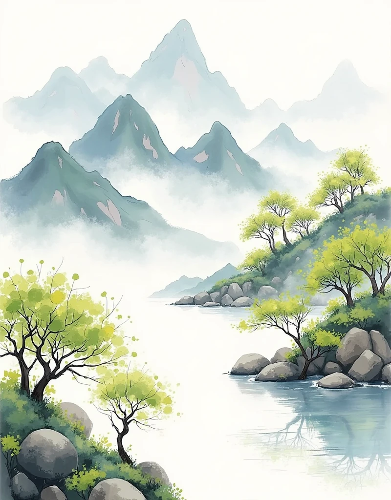 The unique view of &quot;looking at distant mountains from nearby mountains&quot;, Mountain texture and simple tree form, Soft and pure scattered light outline, Green and light grey combination, Minimalism, From near to far, Nearby mountains are in front and distant mountains are behind, Hands at the top of the screen, Illustration Techniques, Drawing on Fan Kuan&#39;s composition, Fresh and elegant colors, Bright sky, Light blue, beige, light pink and light gray, Hazy diffuse light, New Chinese