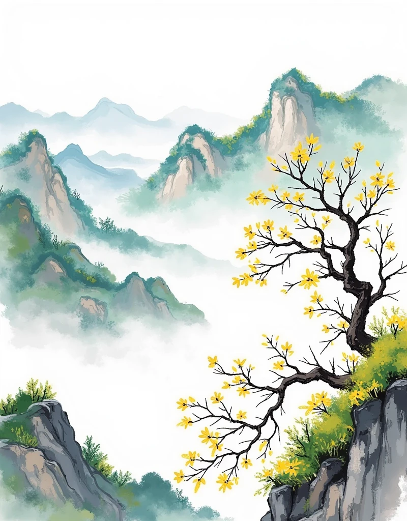 The unique view of &quot;looking at distant mountains from nearby mountains&quot;, Mountain texture and simple tree form, Soft and pure scattered light outline, Green and light grey combination, Minimalism, From near to far, Nearby mountains are in front and distant mountains are behind, Hands at the top of the screen, Illustration Techniques, Drawing on Fan Kuan&#39;s composition, Fresh and elegant colors, Bright sky, Light blue, beige, light pink and light gray, Hazy diffuse light, New Chinese