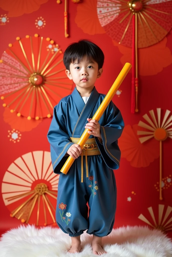 cute swordsman, smiling, japanese toddler wearing cute costume, carnival, fun, happy, text say "SWORDSKIDS", colorful background, on stage, pop color, best lighting, best shadow, award winning