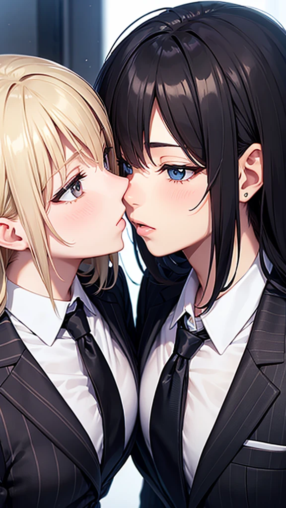 masterpiece, best quality, highres, 1animegirl, 1animeboy, standing kiss ((Boy is soft frail, weak and submissive)) (Girl is dominant and leading the kiss) (Girl has long blonde hair, and is wearing a black business suit) (Boy has soft fluffy brown hair and is wearing soft white sweater and green apron with blue pants) Girl gently caressing boy's cheek while kissing