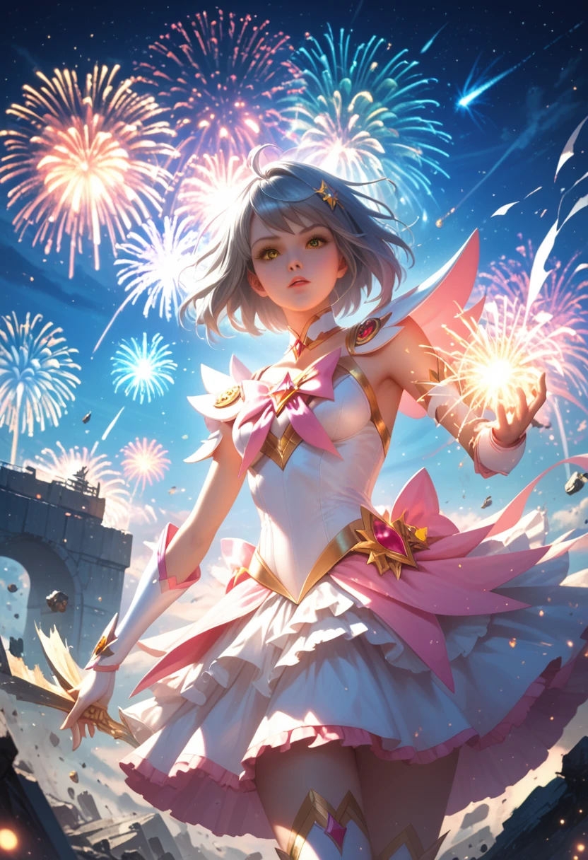 Portrait, Long Hair, Gray Hair, Golden Eyes, One girl, head, face, Magical Girl, Absurd, masterpiece, Best Quality, Magical Girl costume, ((maho shojo)), short hair, Devastation, Ruin, Dynamic pose, The End, spell, Style-Glass, Full Frame,Low angle,Fireworks are being set off,Shooting Star