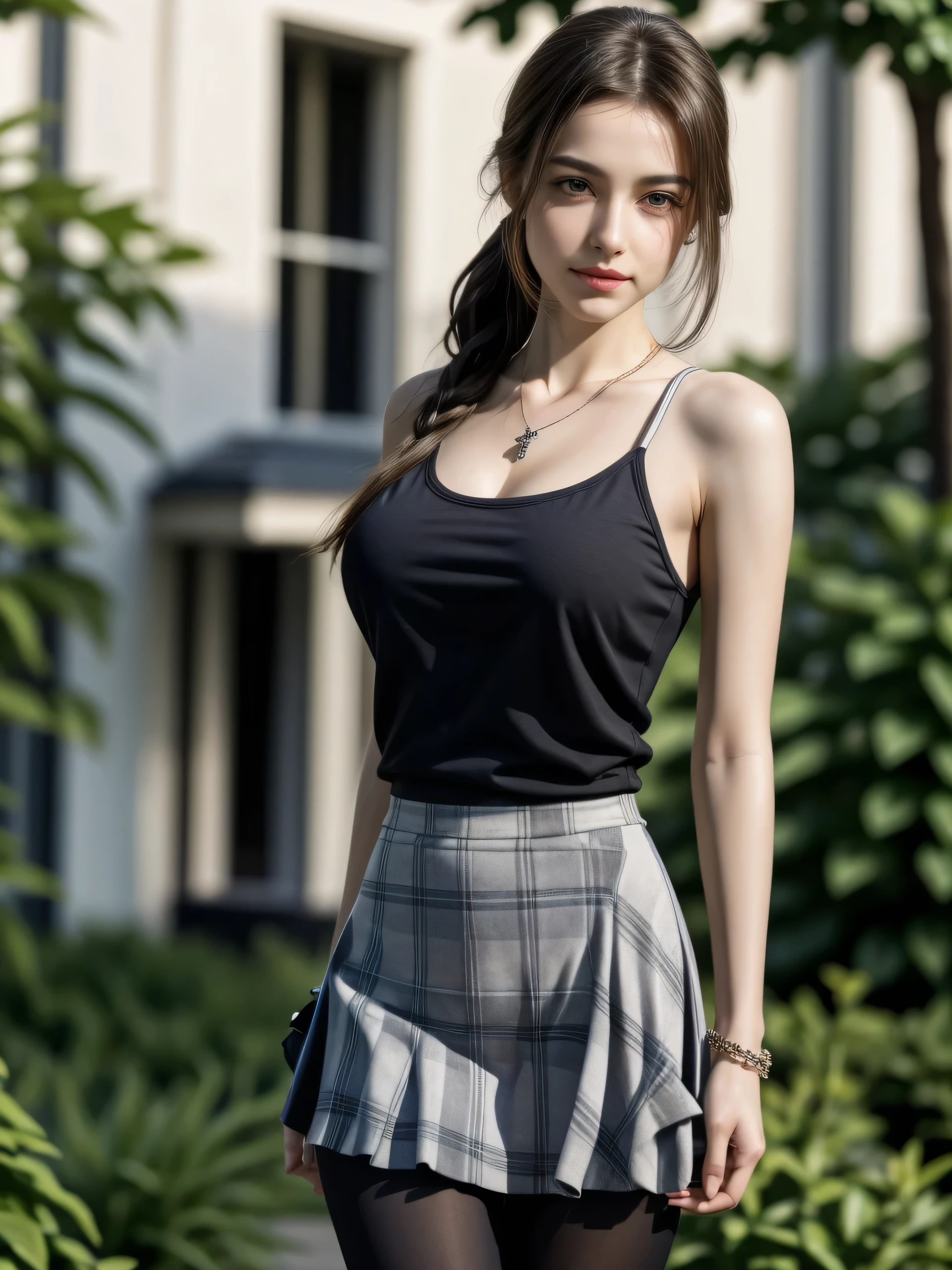(Caucasian woman), black hair, wavy hair, hair up, blue eyes, outlined eyes, shiny eyes, red lipstick, smile, athletic body, ((medium breasts)), nipples, legs, (((black top)), ((black skirt)), legs, goals, earrings, necklace, pulse watch, bracelets , ((standing)), in a field with yellow roses, bench, in park, side shot.