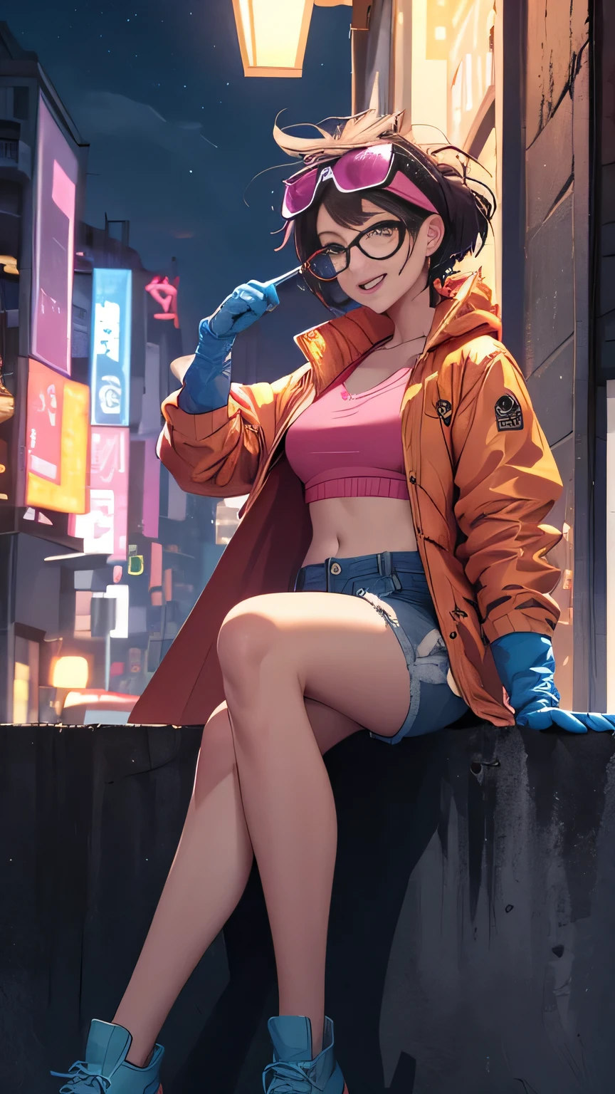 (high quality, masterpiece, Detailed), night city Detailed scenario, night city Detailed background, Solitary, Jubilee, Pink short top, raincoat, Denim shorts, Blue gloves, Glasses on head, giggle, Sitting on top of a building, Umbilical cord, Perfect face, Beautiful eyes, Looking at the audience, Sexy pose