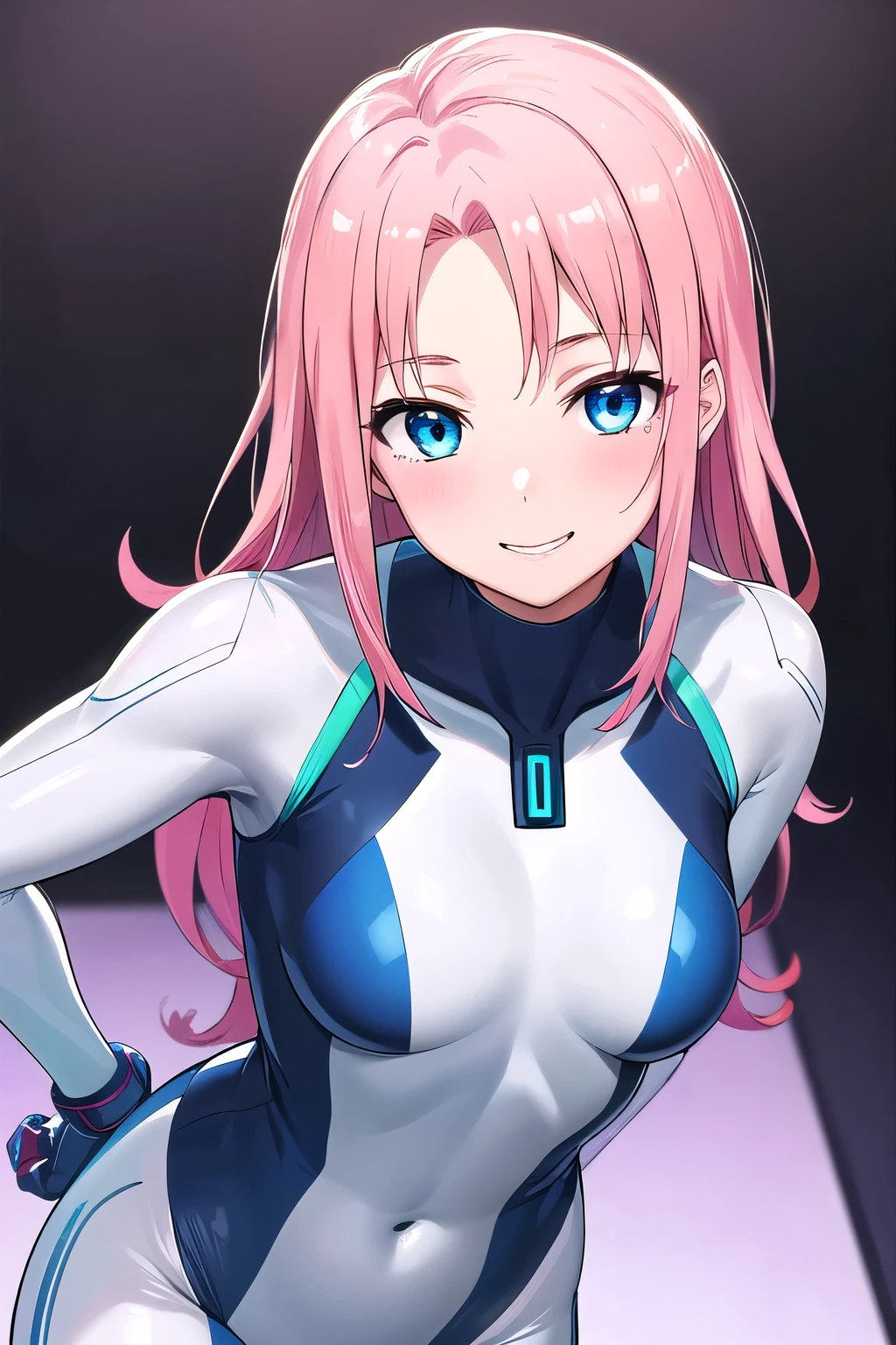 1girl,Samus aran,solo,green eyes, pink hair, forehead   hair, white zero suit,white body suit,purple stripes,cowboy shot,blush,,Science fiction,ultra-detailed,sharp focus,aesthetic,(best quality), white background, smile