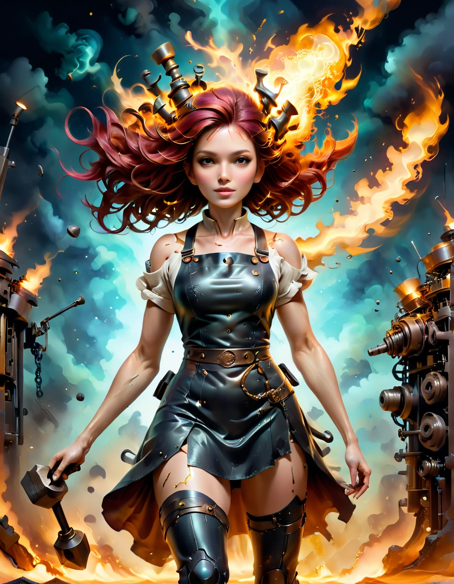 (sfw), (wide angle), 1woman, goddess of the forge, Hephaestus, ((blacksmith woman)), middle-aged woman in her 40s, slim toned physique, medium length wavy crimson hair that ombres to black, (red to black ombre hair), burn scars on chest and arms, (wearing leather apron, apron with glowing symbols), (tight black button up shirt) , (wearing skin tight white leggings), ((swings a huge smithy hammer in one hand, over her head)), smith's hammer is glowing green, she stands at an angelic anvil, (set inside a massive robotic factory:1.37), intricately detailed facial features, detailed piercing eyes, refined jawline, masterpiece, 8k, ((hyper realistic)), 3/4 profile view, cinematic lighting, dramatic shadows, warm color tones, intricate details, action poster art style, glowneon, battle hammer, hyperkraximalism