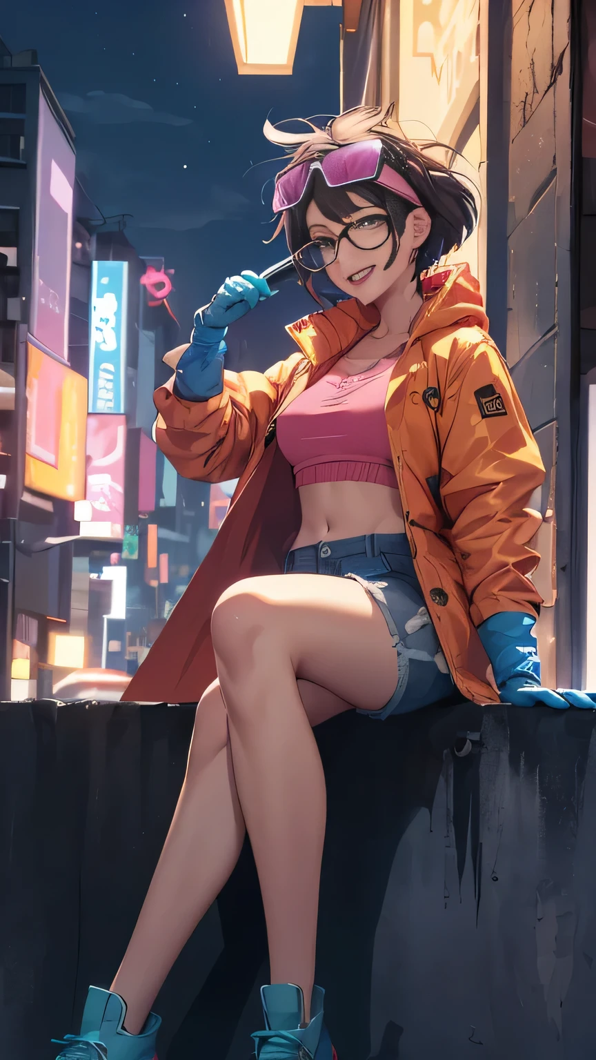 (high quality, masterpiece, Detailed), night city Detailed scenario, night city Detailed background, Solitary, Jubilee, Pink short top, raincoat, Denim shorts, Blue gloves, Glasses on head, giggle, Sitting on top of a building, Umbilical cord, Perfect face, Beautiful eyes, Looking at the audience, Sexy pose