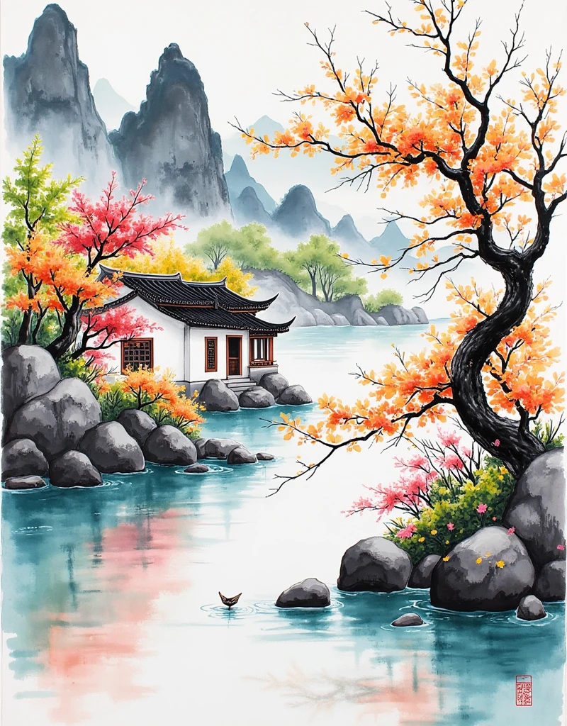 A Chinese landscape painting，There is a pavilion in the painting、Fall、Bird，Freehand brushwork painting，Ink smudge，Blue-green fluorescence from the blurred ink，Black background，Gilded lines outline，There are golden particles shining，Ink smudge中发出极光般的渐变光晕，A wonderland of mountains and waters，Large white space，Minimalist style，Song Dynasty Fine Brushwork Painting，Kodak，HD，Transparent light shooting