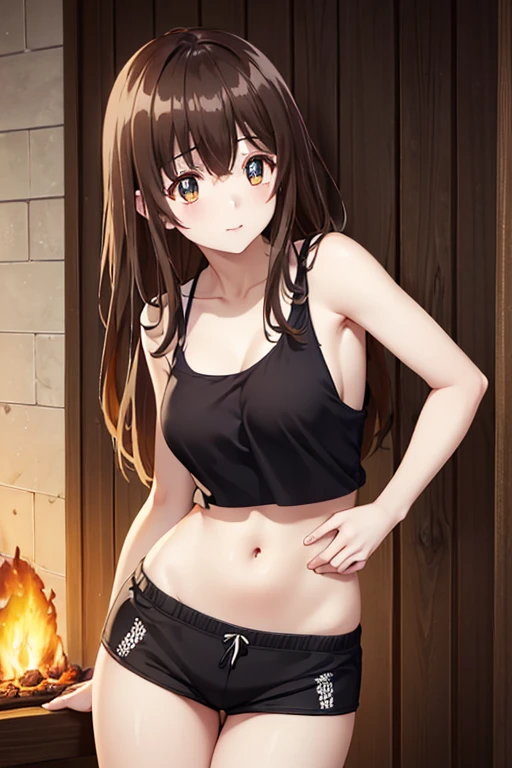 the savior, Sayu Ogiwara, long hair, bangs, brown hair, (eyes:1.5), Mid-chest、smile,Turn around and show your butt、Black tank top、Sexy black shorts、火の付いたマッチ棒を持っている break フェンス、Leaning against a wall,Building on fire、夜間 break looking at viewer, (cowboy shot:1.5), break (masterpiece:1.2), best quality, high resolution, unity 8k wallpaper, (illustration:0.8), (beautiful detailed eyes:1.6), extremely detailed face, perfect lighting, extremely detailed CG, (perfect hands, perfect anatomy),