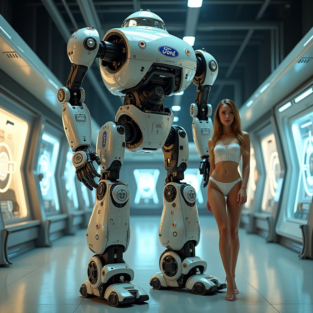 A sexy woman standing in front of a robot
