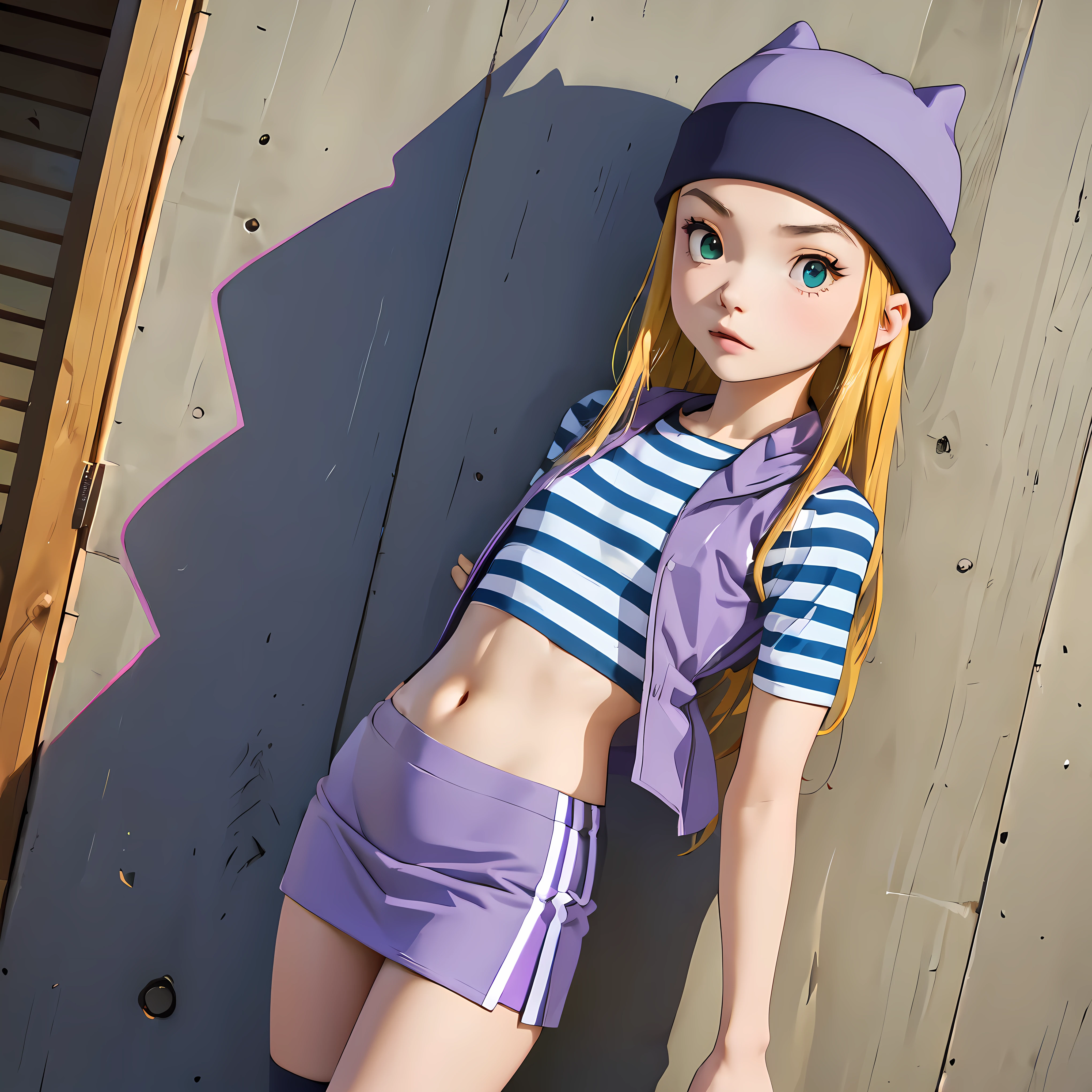 (masterpiece, best quality), 1girl, izumi Orimoto, outdoors, streets, green eyes, blonde hair, long hair, purple beanie, purple vest, purple miniskirt, blue white striped shirt, long purple socks, purple vest, striped shirt, navel shirt, medium size breast. standing, resting against the wall