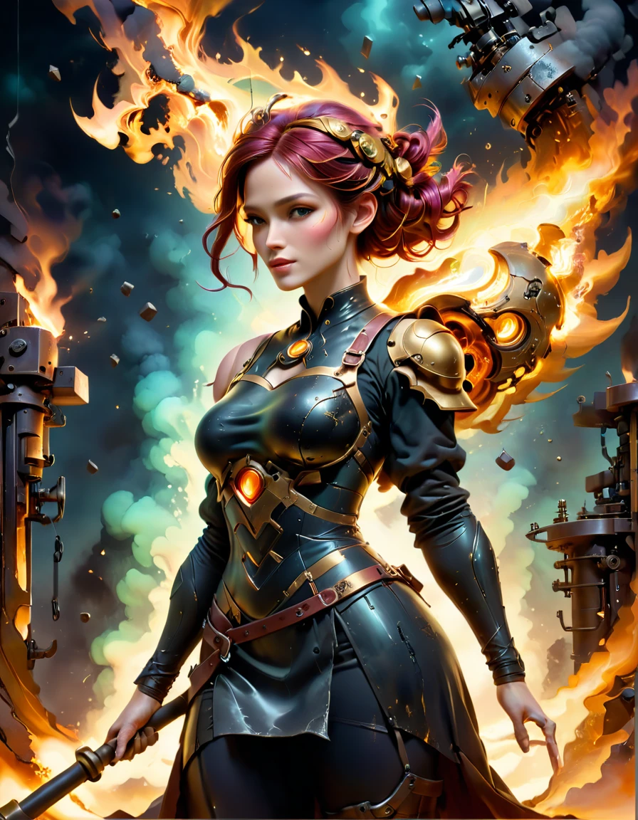a sister of battle, beautiful detailed eyes, beautiful detailed lips, extremely detailed eyes and face, long eyelashes, lovely woman, tight powered armor combat suit, gold and red color scheme, big dangerous gun, scouting a war torn ruined gothic city, trending on artstation, hyper detailed, 8k, intricate, exquisite, masterpiece, cinematic lighting, moody atmosphere, dramatic, photorealistic, sharp focus, physically-based rendering, ultra-fine painting, vibrant colors