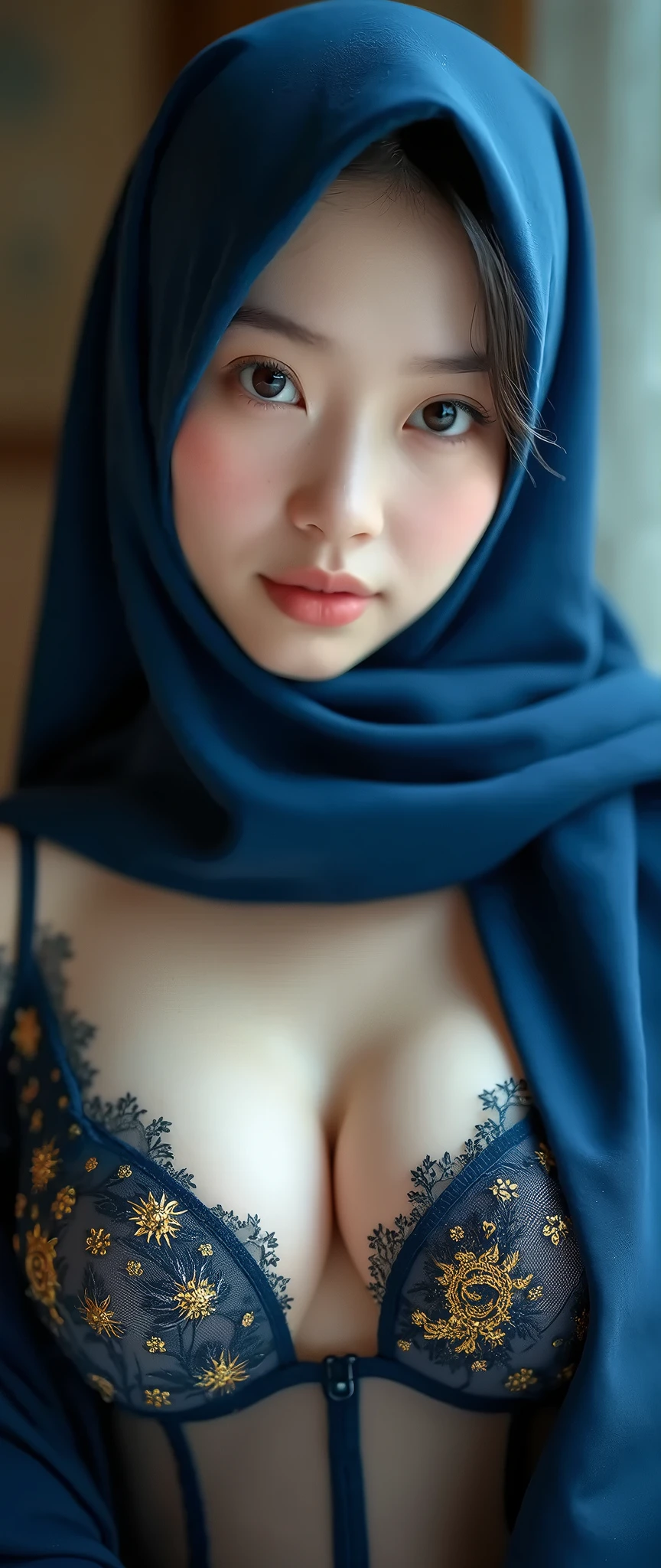 Masterpiece, realistic, best quality, best lighting, 1 pretty girl with angelic face, full body photo solo, beautifully makeup, eyeshadow, Parted Lips, Detailed Eyes, beautiful big eyes, long eye lashes, smile, wearing ((Dark blue satin headscarf)), loosely tide hijab style, FULL NAKED, very big breast, driving a car