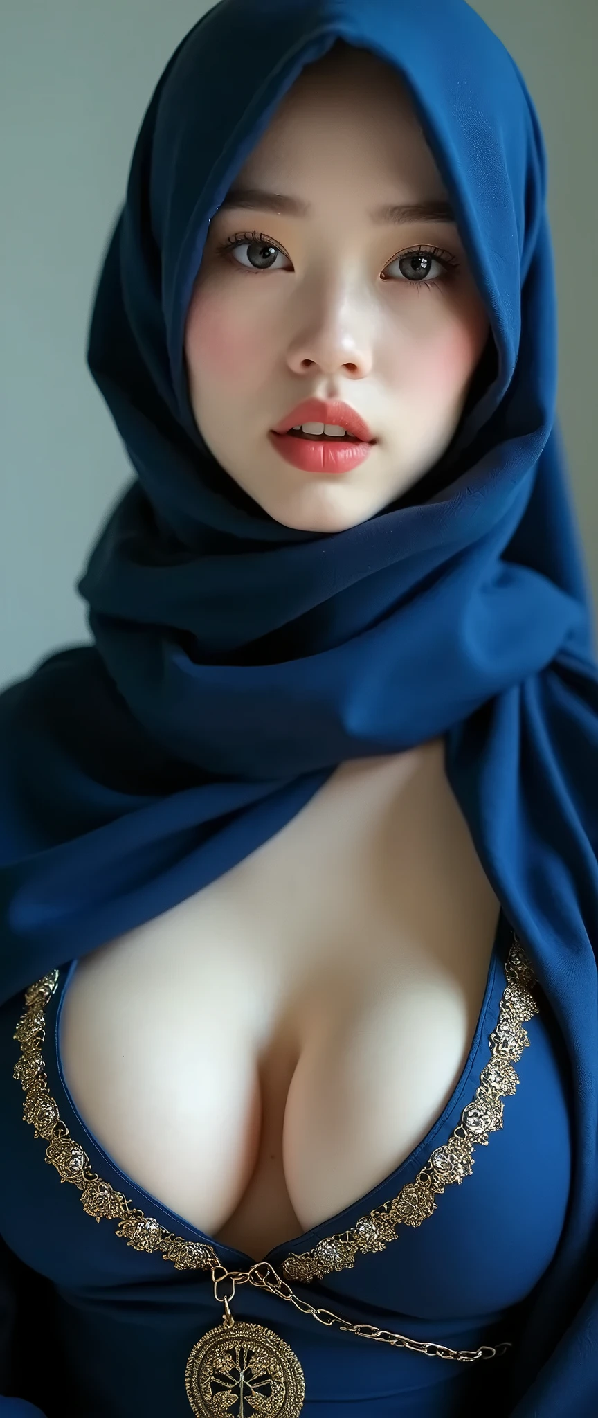 (best quality,4k,8k,highres,masterpiece:1.2),ultra-detailed,eyes detailed, face bright, face glow,(realistic,photorealistic,photo-realistic:1.37), 25 year old girl, Pashmina hijab abaya,blue hijab pashmina, asian korean beautiful girl girl,book,style SEX 18+ (full naked:1.5),book,erotic Asian korean Hijab, big breasts, slim and slender body, revealing cleavage, tall stature, touching , no gap