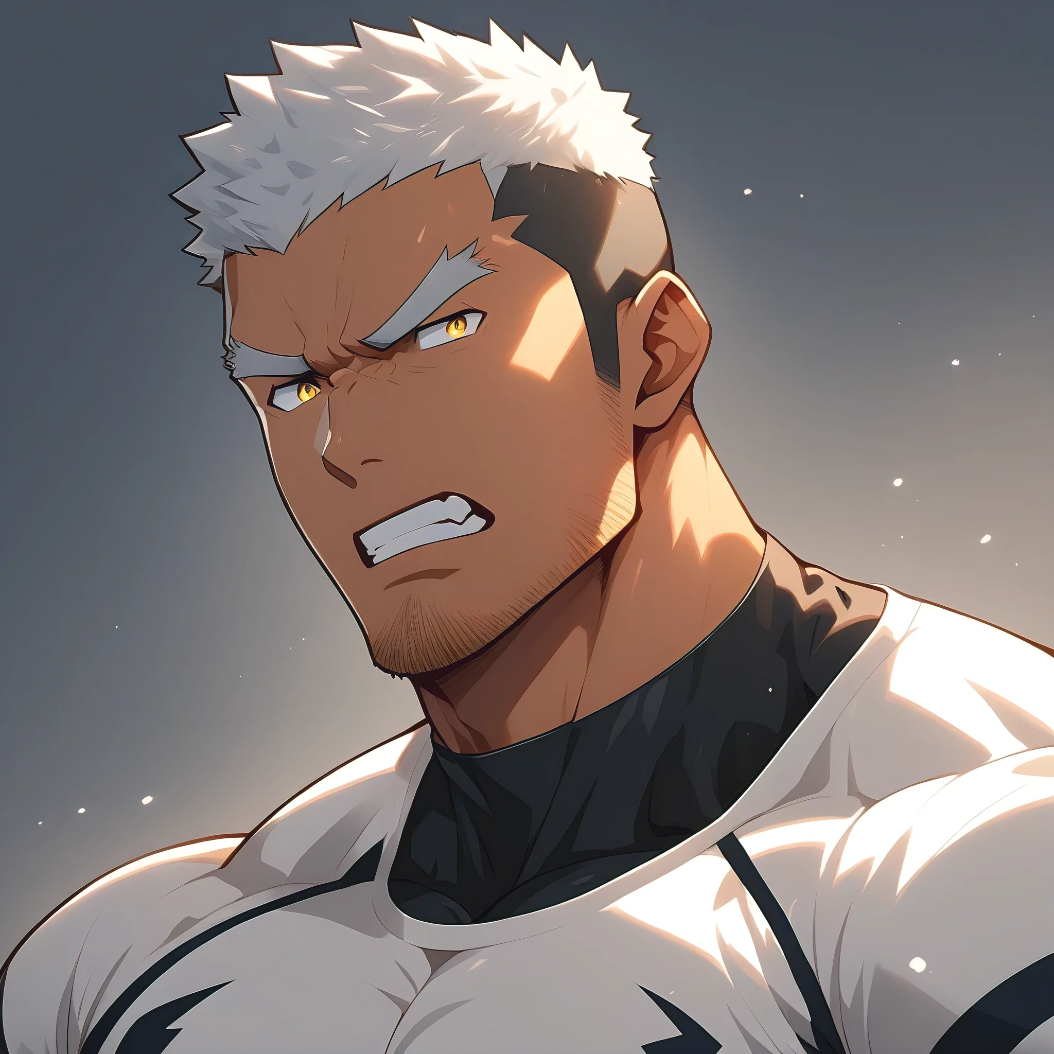 1 man with long curly white hair, silver hair, messy bangs, Sunkissed tan skin, purple magenta eyes, handsome, gloves, earrings, veins on arms and hands, sweaty skin, American football player, tight football uniform, on football field, white happy trail, big pectorals, abs, plump ass, narrow waist, Cinematic lighting, hyper HD, Masterpiece, High details, ((sexy dynamic pose))