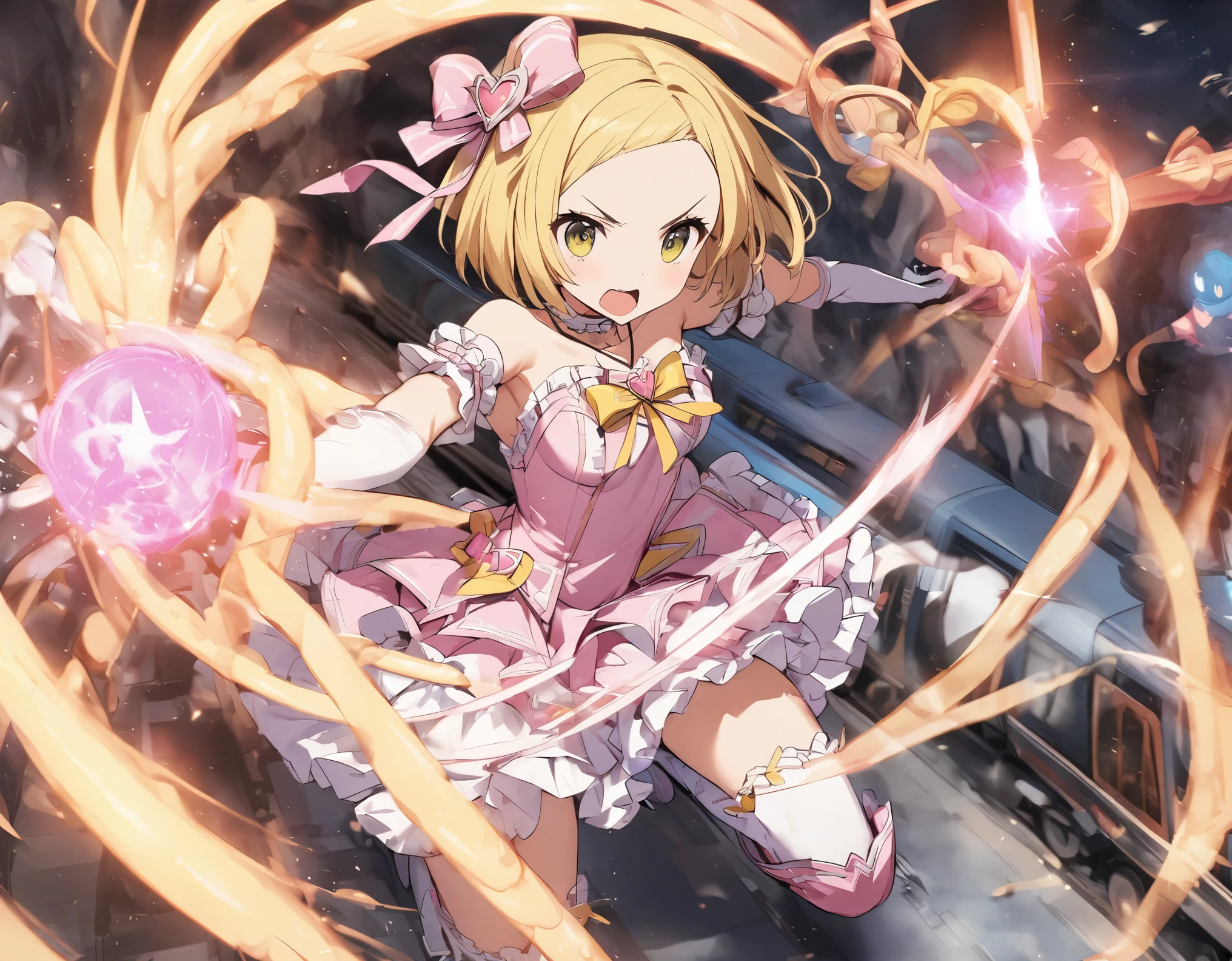 A magical girl fighting a tentacle monster on a train:1.3 Golden magic effect Yellow hair Bob cut hair Forehead Yellow ribbon magical girl costume Cute frilly skirt Panier Frill Petticoat Choker Elbow-length gloves Boots Magic pendant Ribbon hair ornament Magic rod