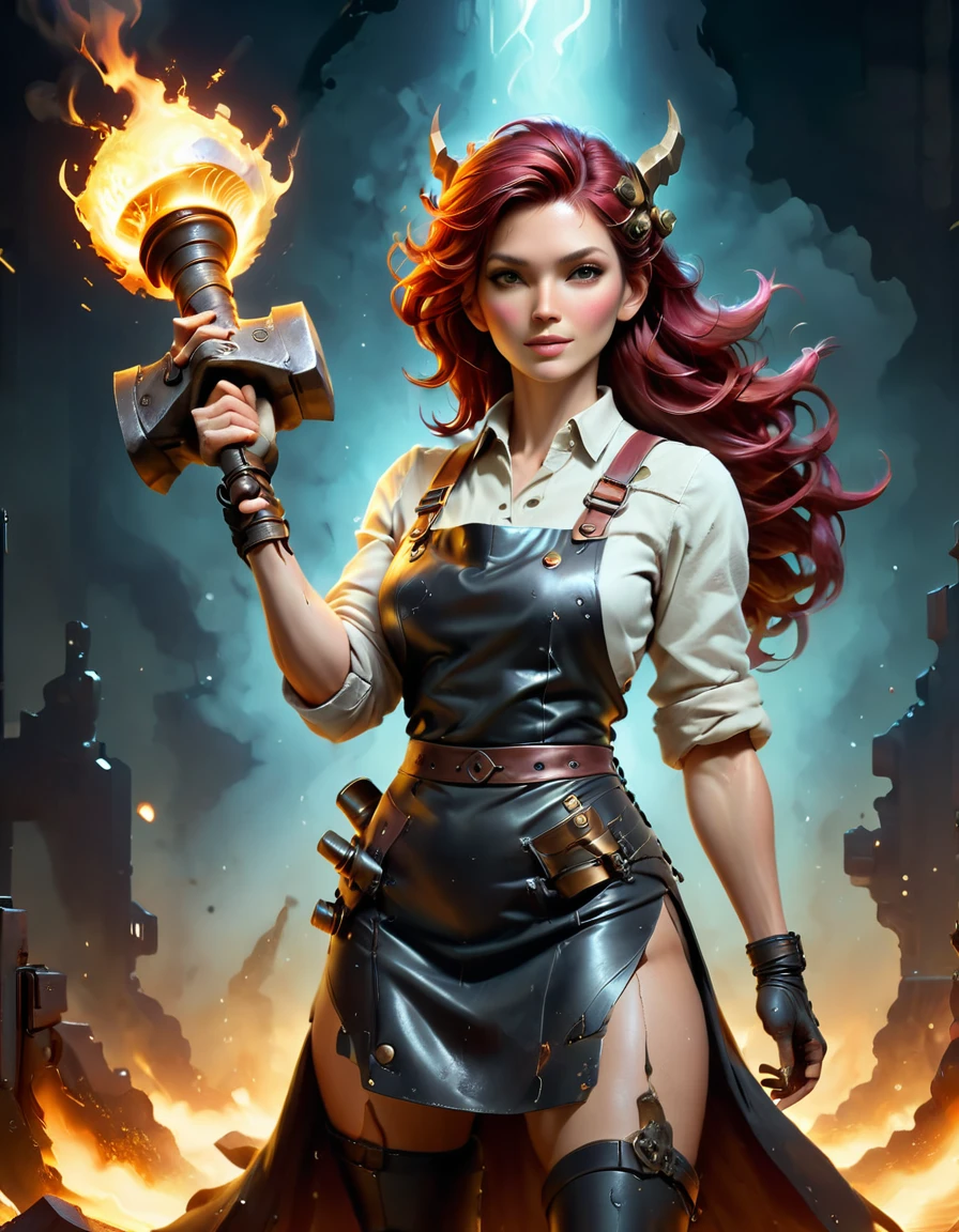 (sfw), (wide angle), 1woman, goddess of the forge, Hephaestus, ((blacksmith woman)), middle-aged woman in her 40s, slim toned physique, medium length wavy crimson hair that ombres to black, (red to black ombre hair), burn scars on chest and arms, (wearing leather apron, apron with glowing symbols), (tight black button up shirt) , (wearing skin tight white leggings), ((swings a huge smithy hammer in one hand, over her head)), smith's hammer is glowing green, she stands at an angelic anvil, (set inside a massive robotic factory:1.37), intricately detailed facial features, detailed piercing eyes, refined jawline, masterpiece, 8k, ((hyper realistic)), 3/4 profile view, cinematic lighting, dramatic shadows, warm color tones, intricate details, action poster art style, glowneon, battle hammer, hyperkraximalism